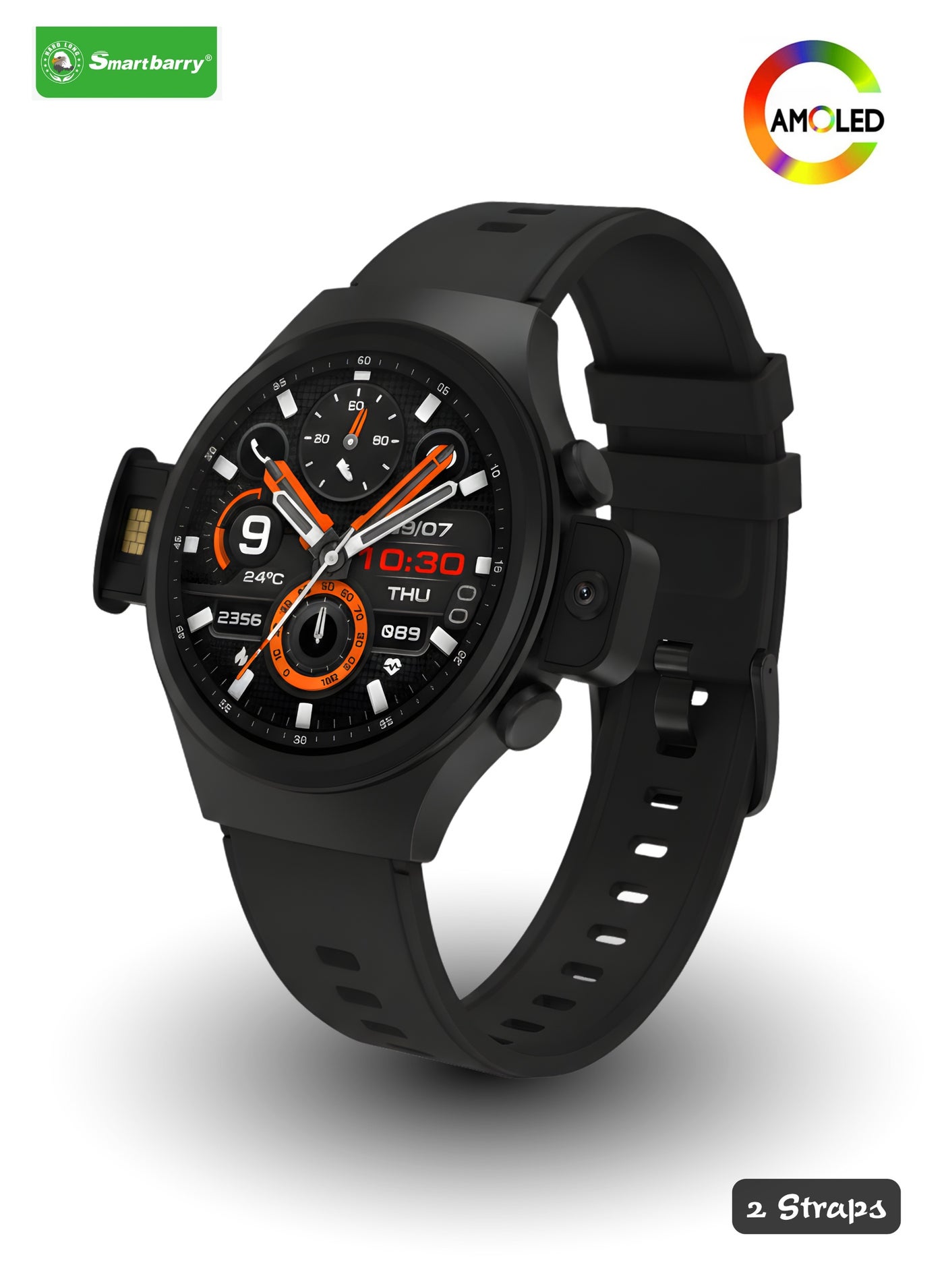 Smart Berry SM-405 Smart Watch – Super AMOLED Display, Video Calling, SIM Card Support & Front Camera, Multiple Watch Faces, Long Battery Life, 2 Liquid Silicone Straps, Stylish Functional Design | Black